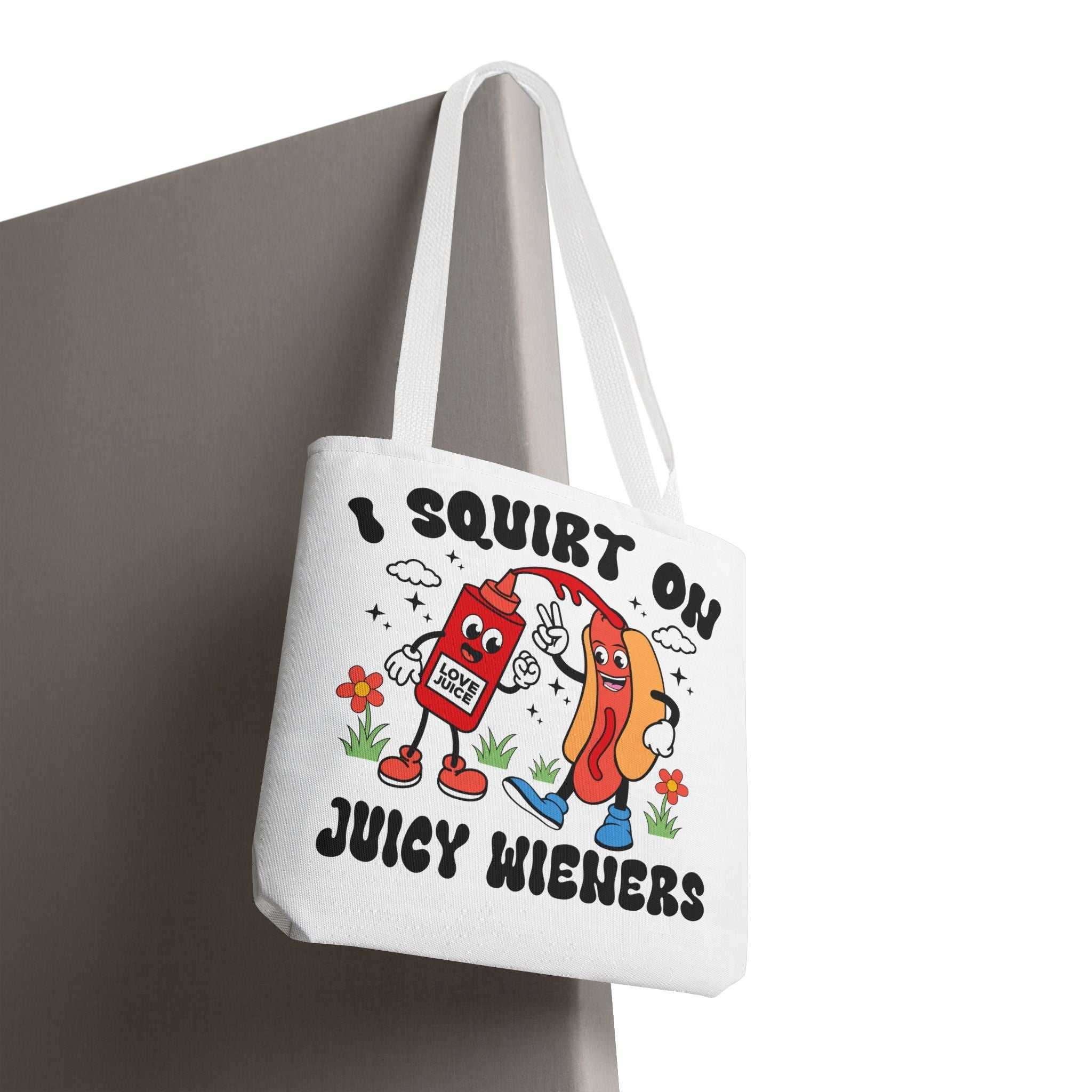 Cheeky Juicy Wieners Fun Tote Bag with hot dog print and colorful handles