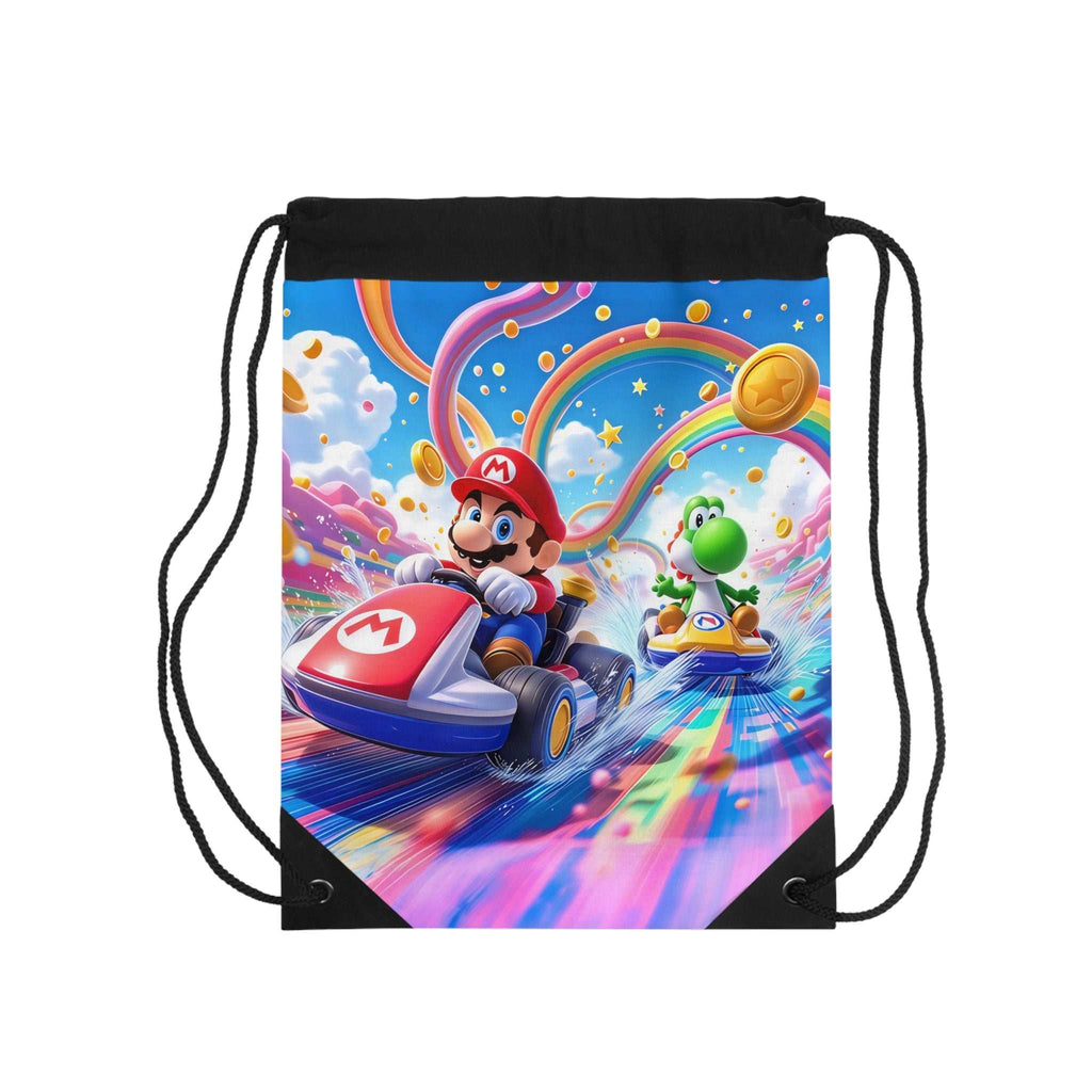 Mario themed drawstring bag with vibrant Mario kart design, lightweight polyester, and durable drawstring closure.