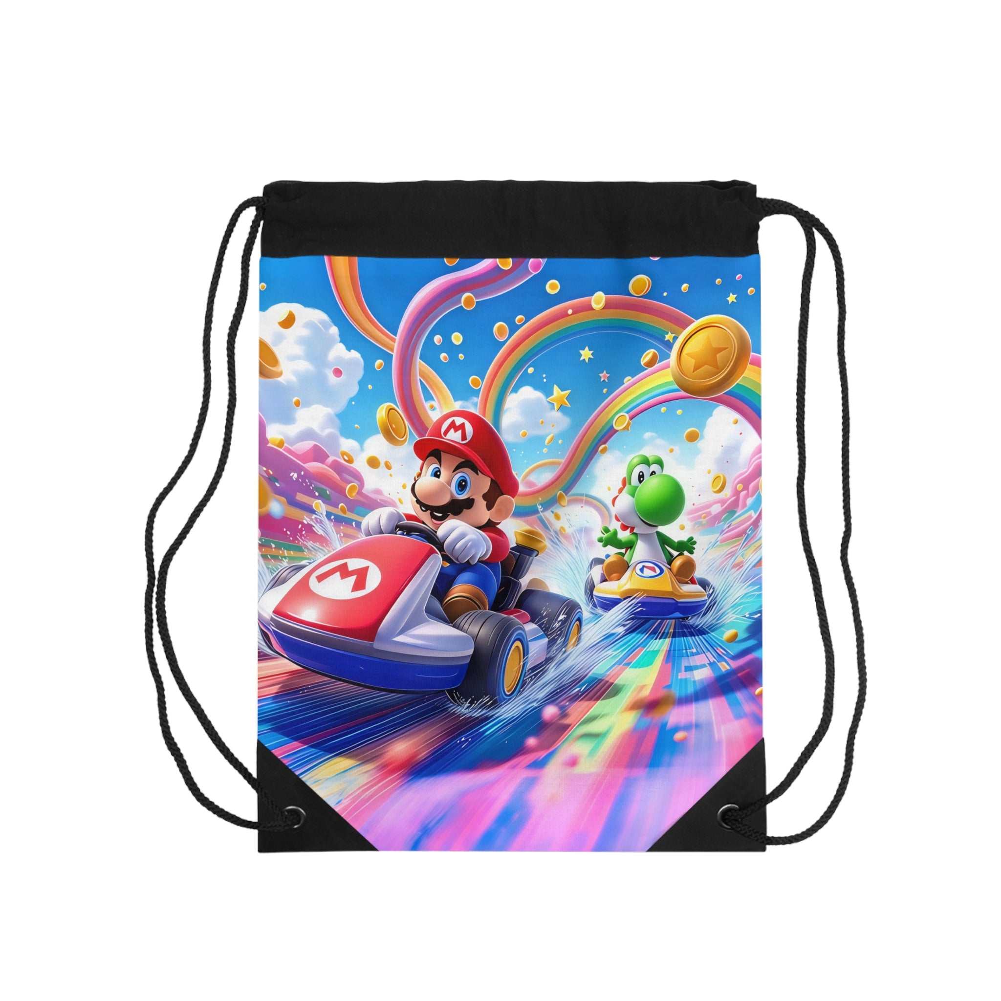 Mario themed drawstring bag with vibrant Mario kart design, lightweight polyester, and durable drawstring closure.