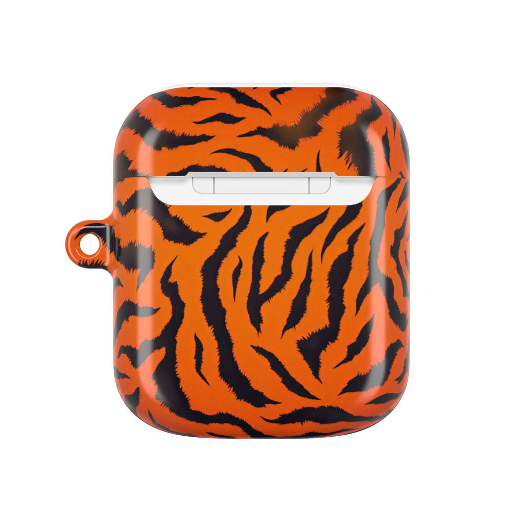 Protective AirPods case with vibrant orange tiger print design and glossy finish