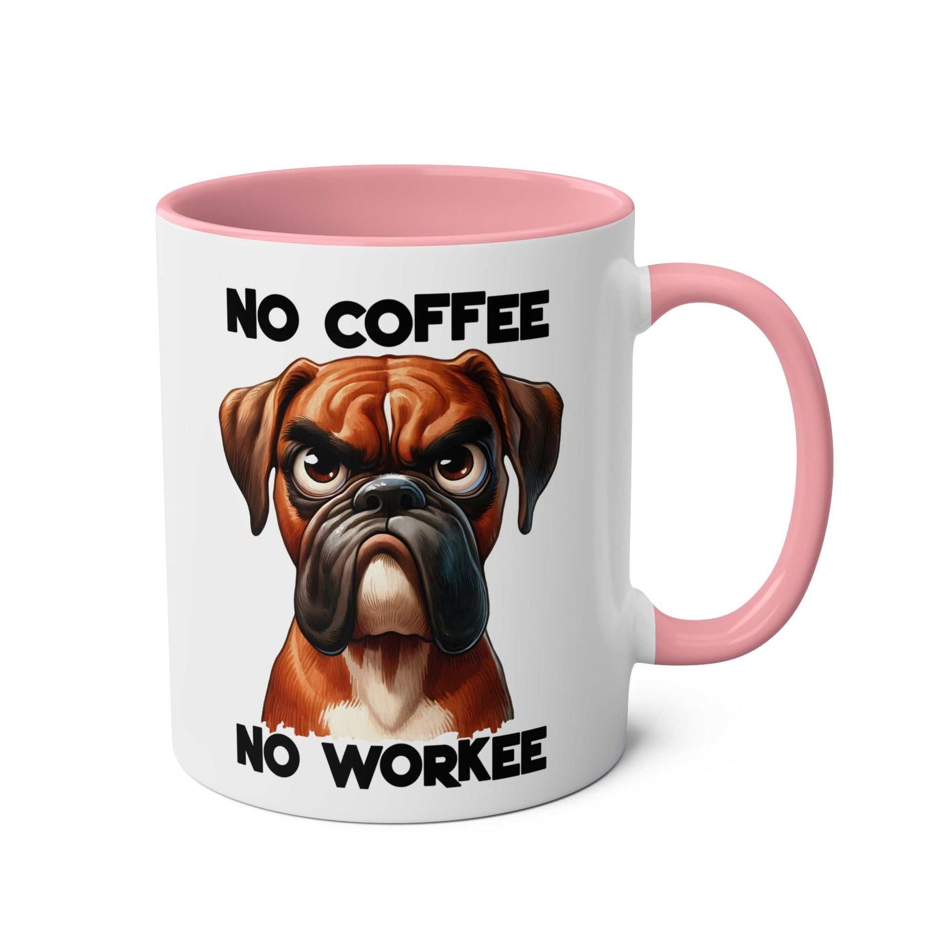 No Coffee No Workee Mug with a playful sarky dog design, pink handle; dishwasher and microwave safe.