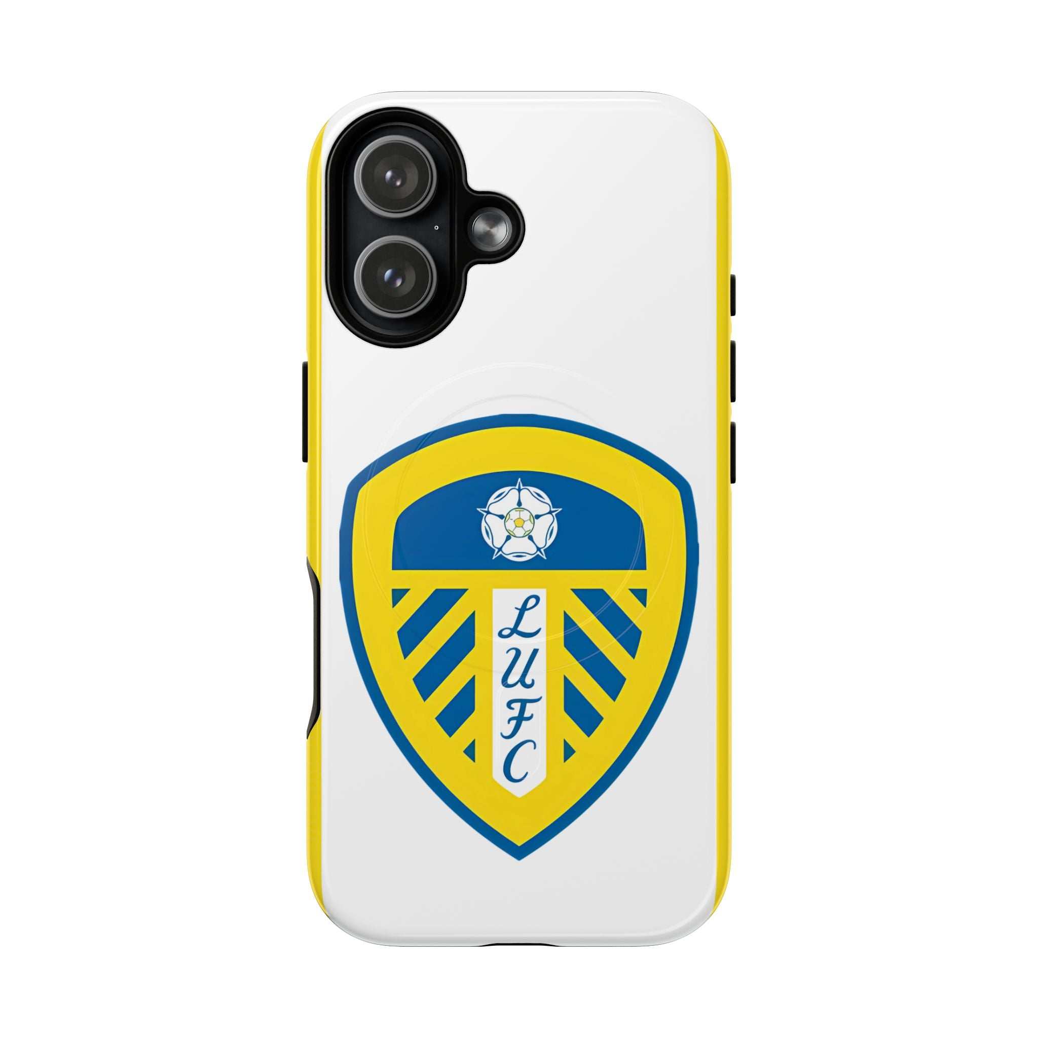 Leeds Utd MagSafe iPhone case with official-inspired crest, white and yellow dual-layer protection, MagSafe compatible, slim and durable design