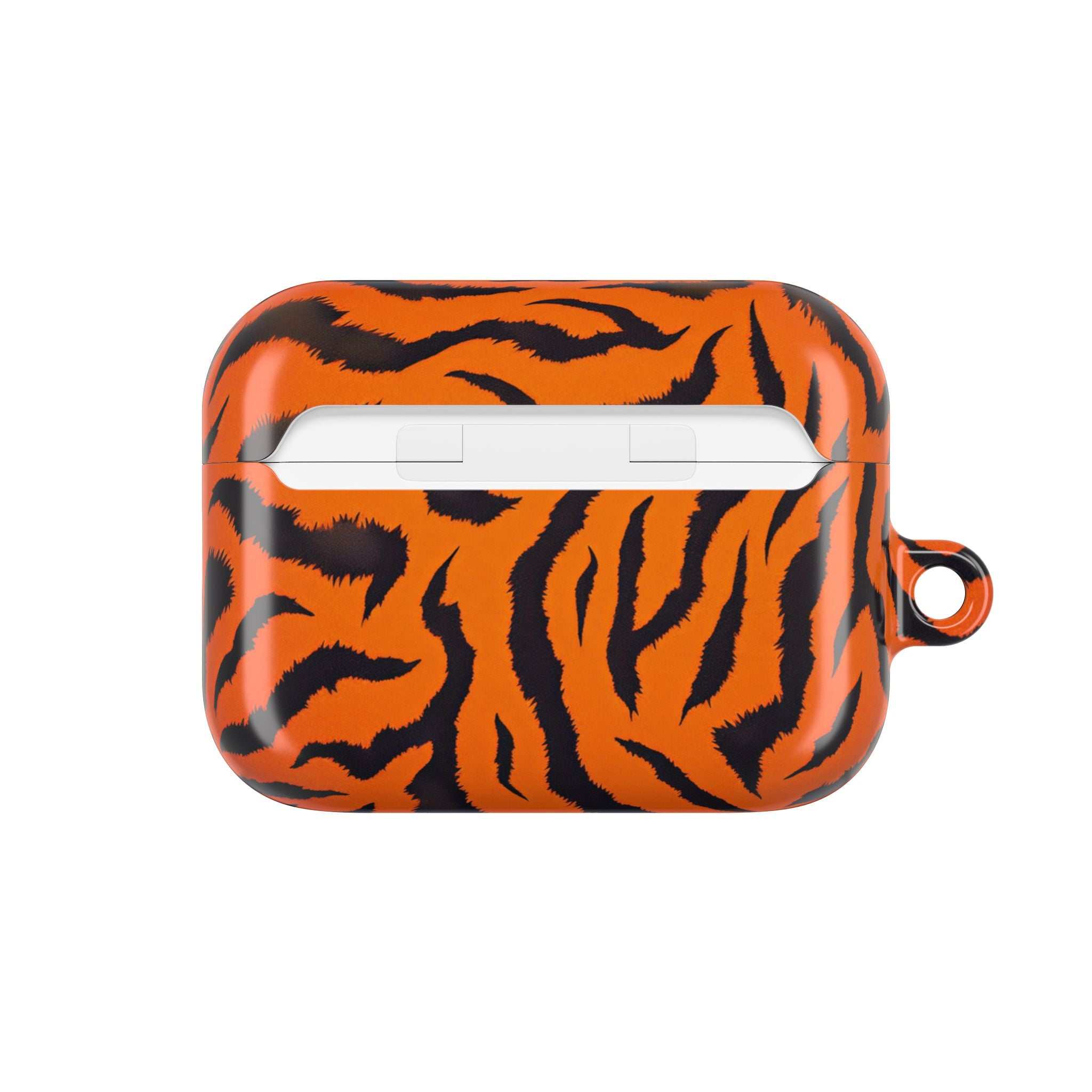 Orange tiger print hard shell protective case for AirPods and AirPods Pro with glossy finish and secure fit