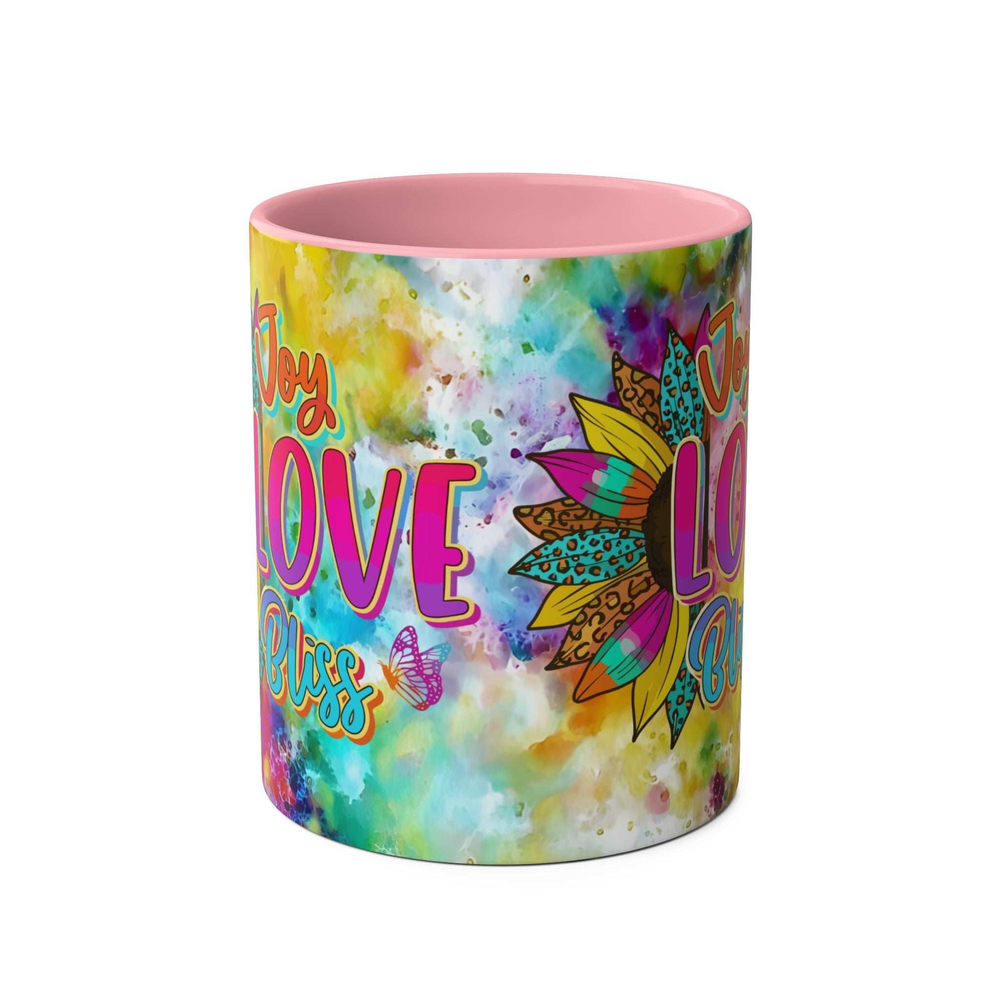 LGBTQ+ Pride mug with vibrant rainbow design and glossy finish.