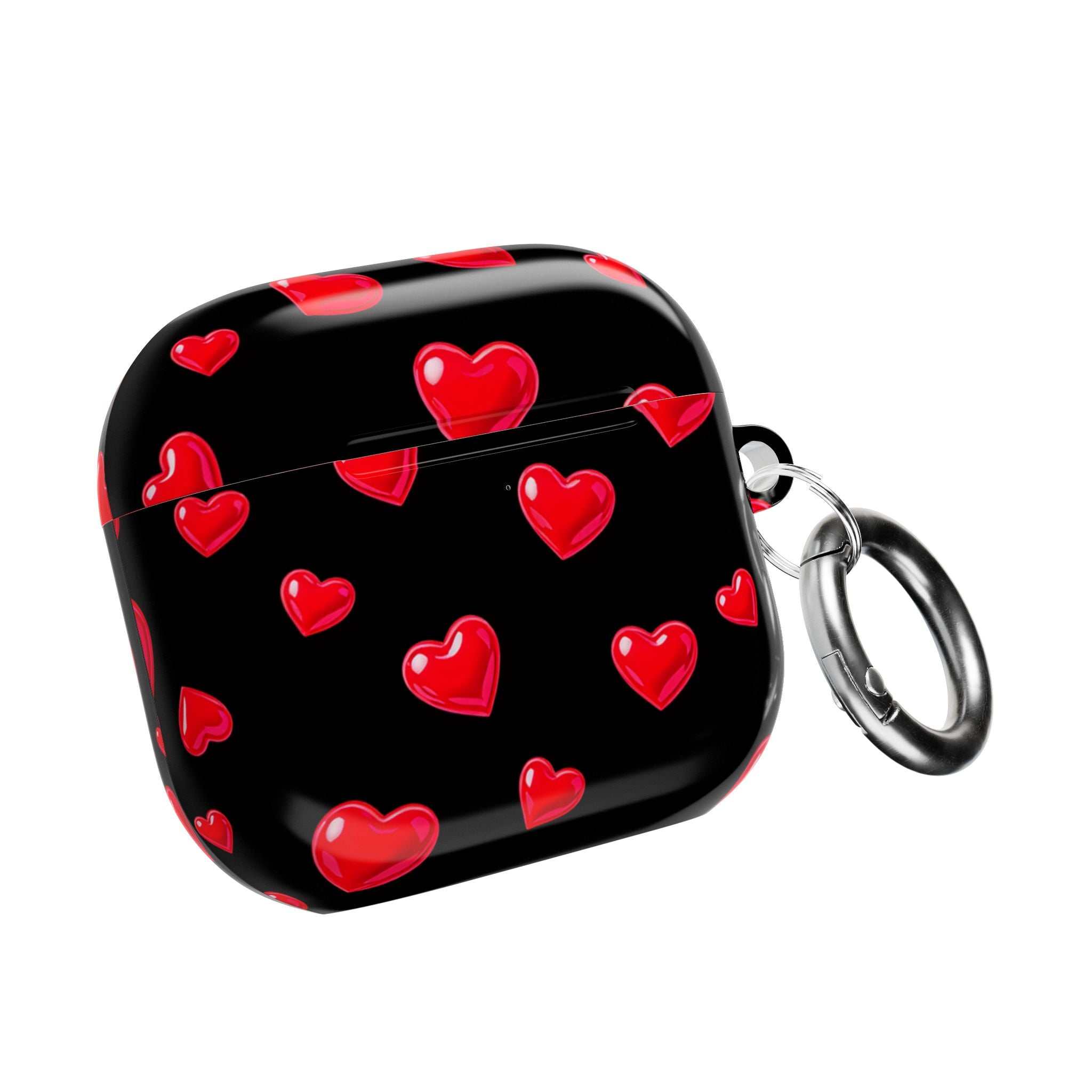 Black Hearts AirPods case with red heart pattern, durable glossy hard shell, lightweight protective cover compatible with AirPods and AirPods Pro