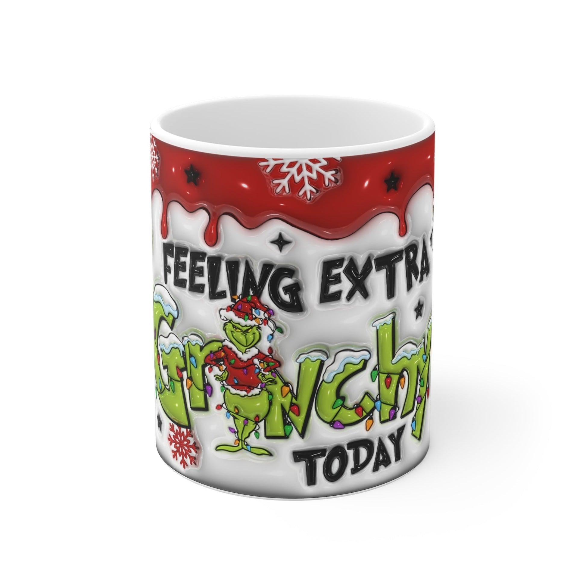 Grinchy Christmas Mug with holiday design and glossy finish, 11oz ceramic, microwave and dishwasher safe.