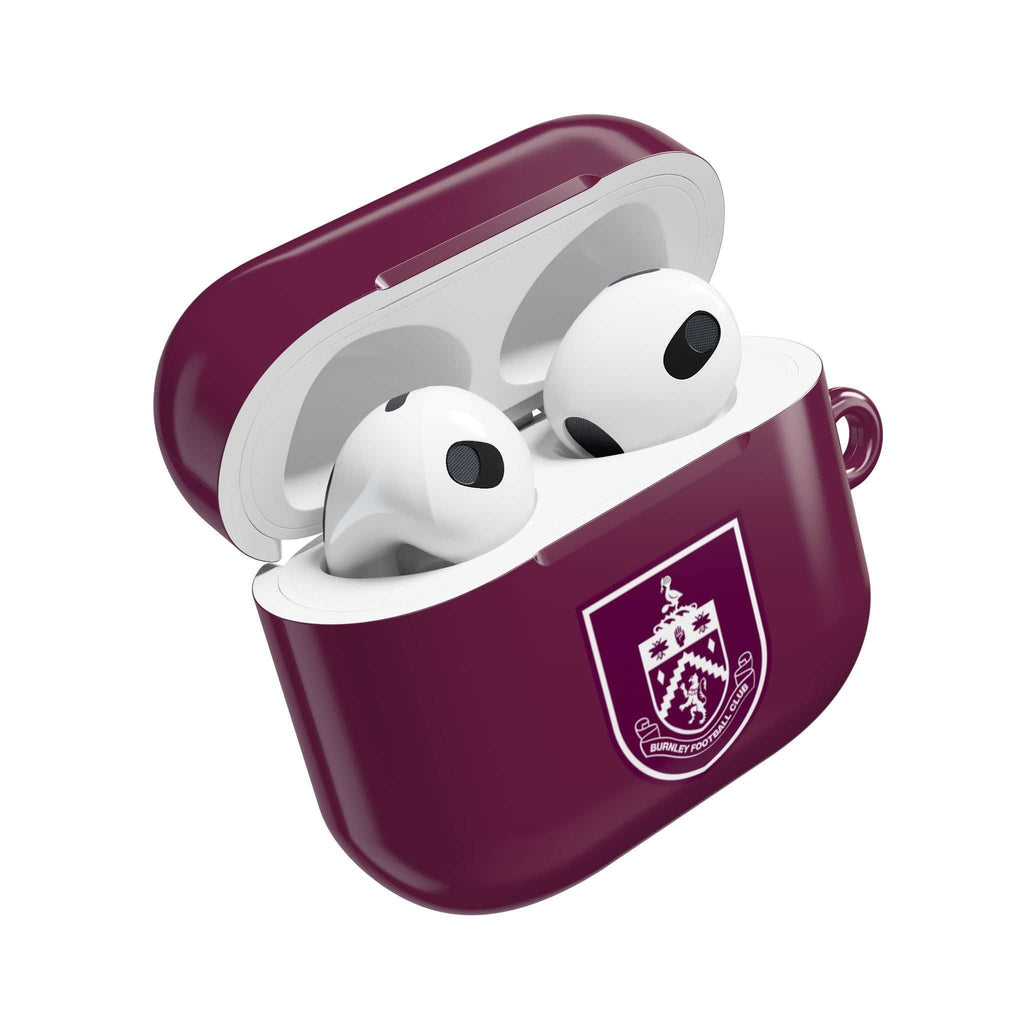 Burnley FC AirPods protective case in claret with club crest, durable shock-resistant cover for AirPods and AirPods Pro