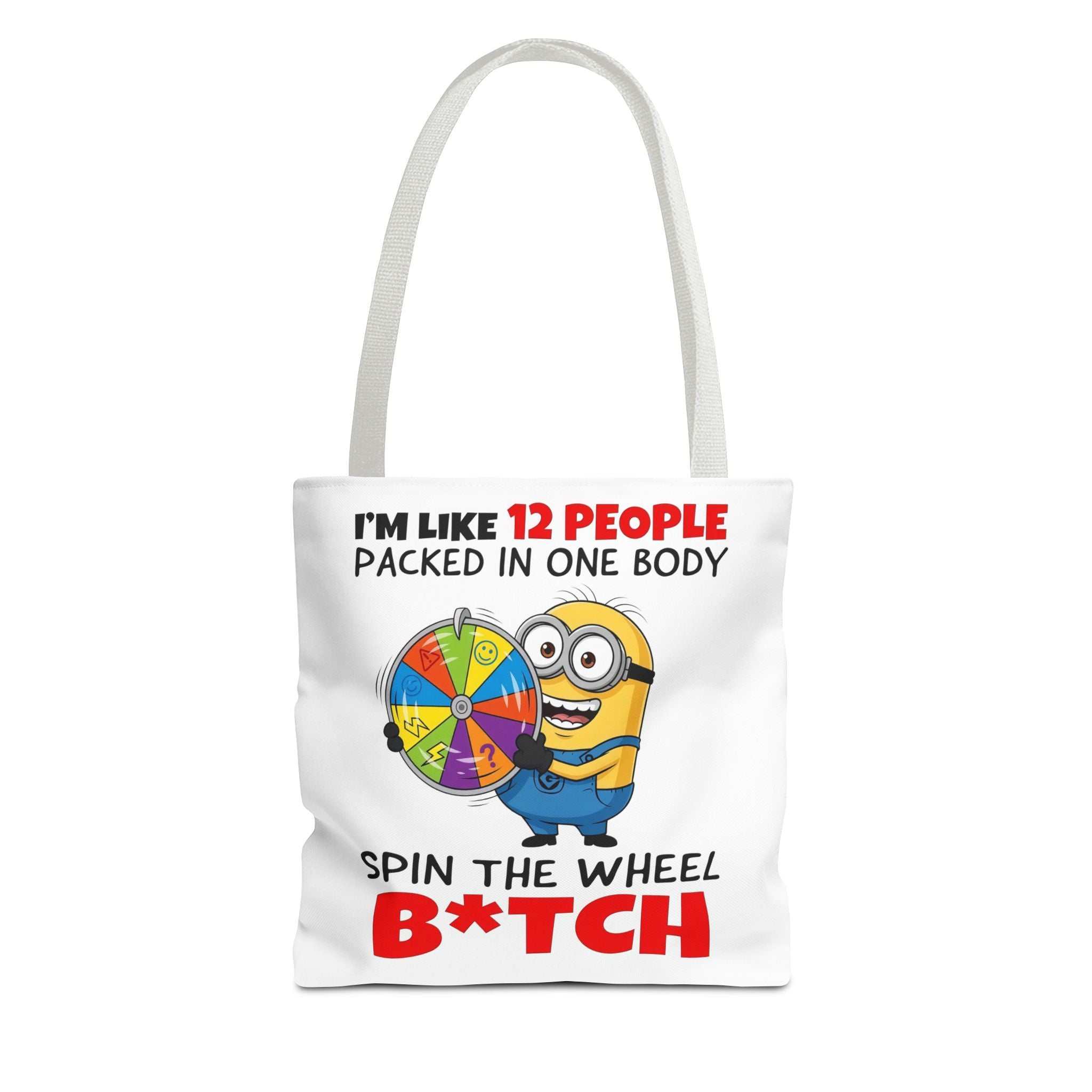 Funny Minion tote bag with cheeky design, available in three sizes and multiple handle colors, made from durable spun polyester.