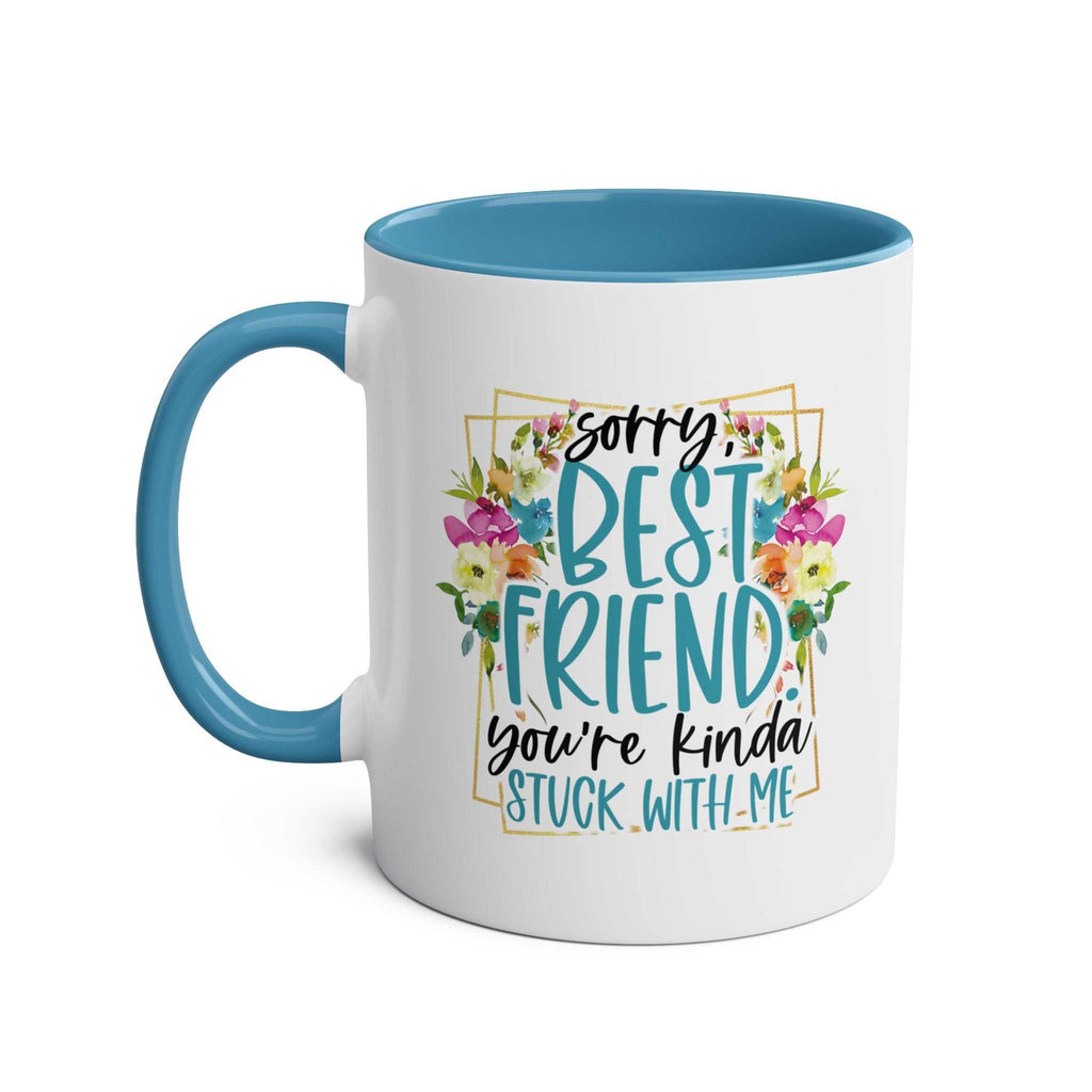 Best Friend Coffee Mug with floral design, blue handle, and cheeky message, 11oz ceramic, microwave and dishwasher safe.