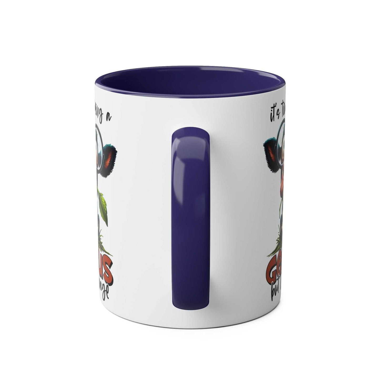 Genius Coffee Mug with funny animal graphic and purple interior.