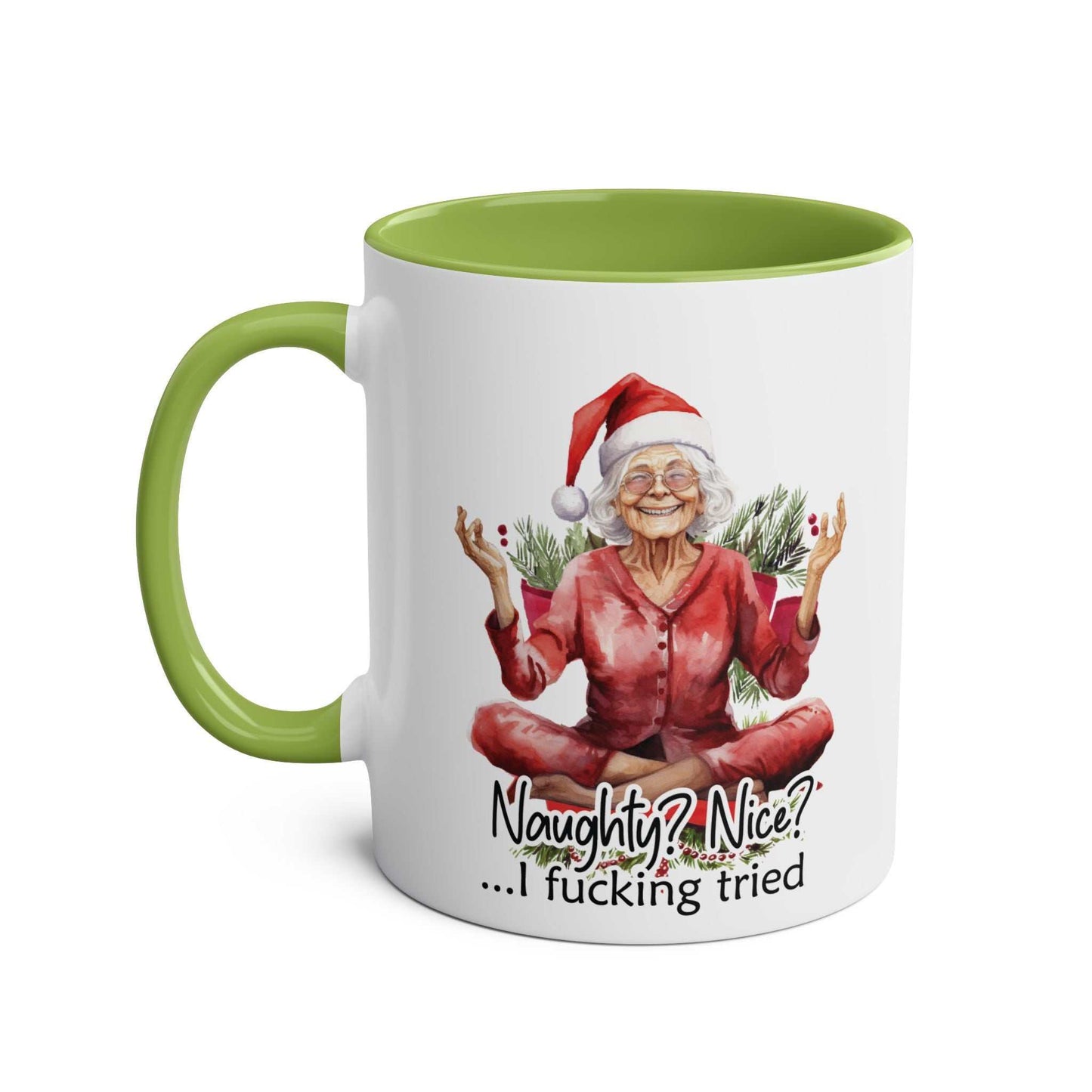 Sweary Granny Christmas Mug with festive design, green handle, and interior.