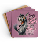 Giddy Up Sparkle Farts Coaster Set with funny donkey illustration and humorous text, pink and cork design.