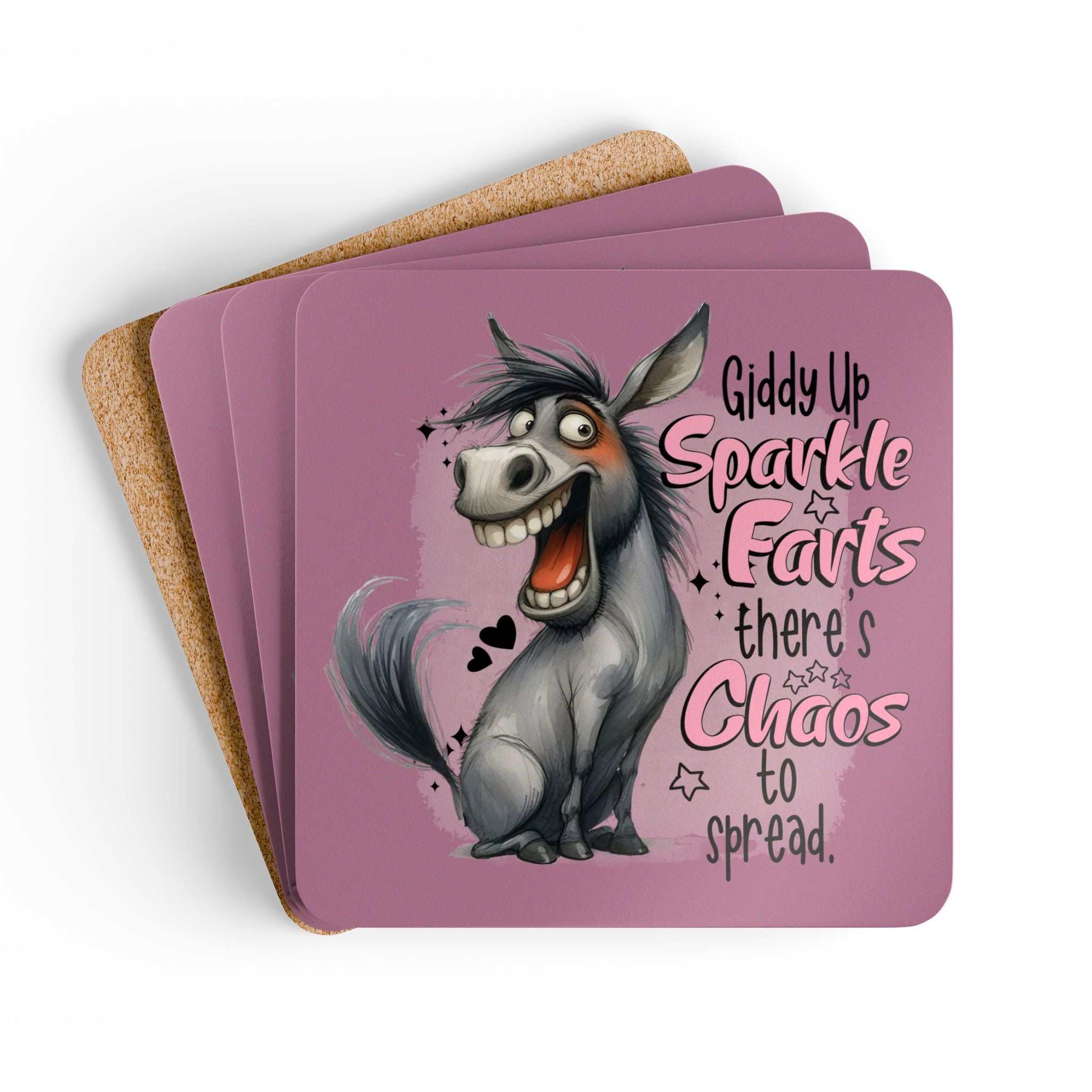 Giddy Up Sparkle Farts Coaster Set with funny donkey illustration and humorous text, pink and cork design.