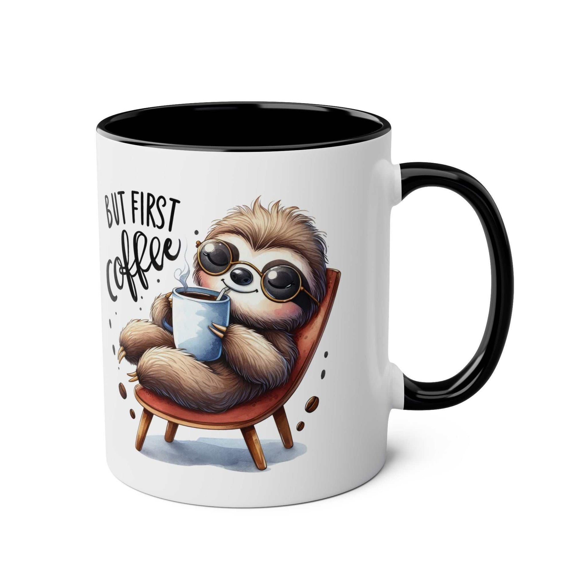 Cute sloth coffee mug with glossy finish and whimsical design.