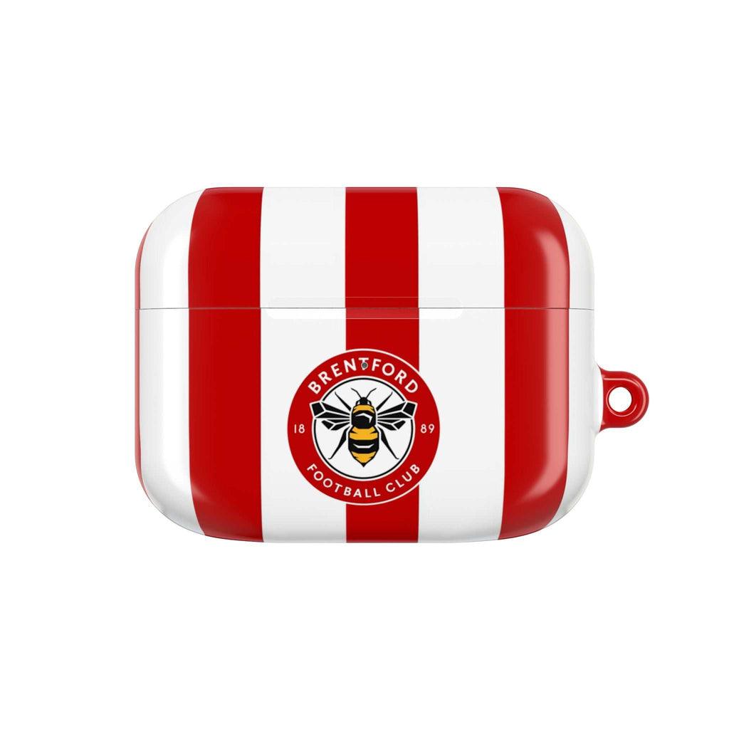 Brentford FC AirPods protective case with red and white stripes and bee crest, shock-resistant and wireless charging compatible.