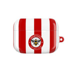 Brentford FC AirPods protective case with red and white stripes and bee crest, shock-resistant and wireless charging compatible.