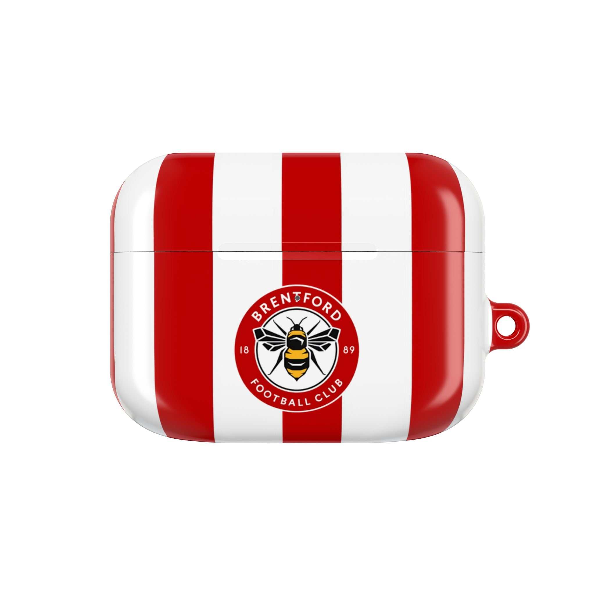 Brentford FC AirPods protective case with red and white stripes and bee crest, shock-resistant and wireless charging compatible.