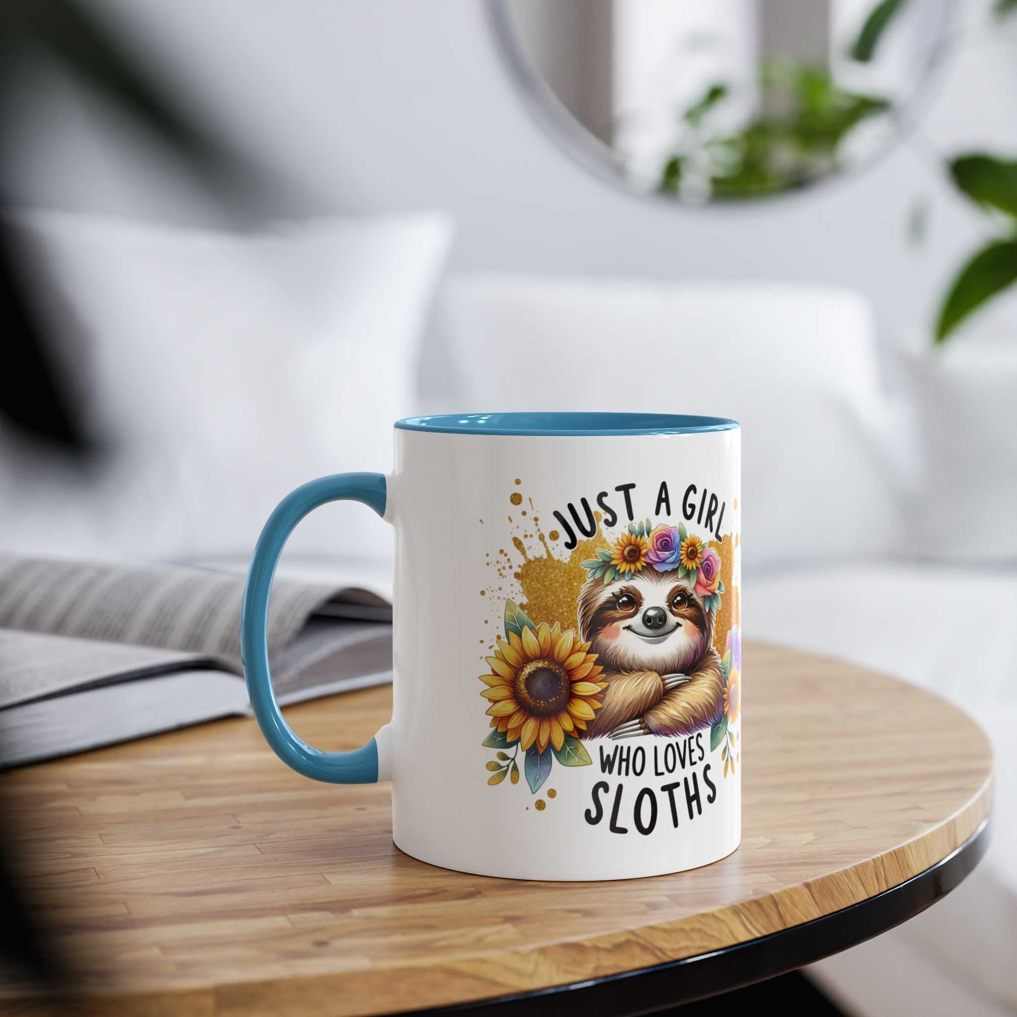 Cute sloth coffee mug with cheery design, ideal for sloth lovers.