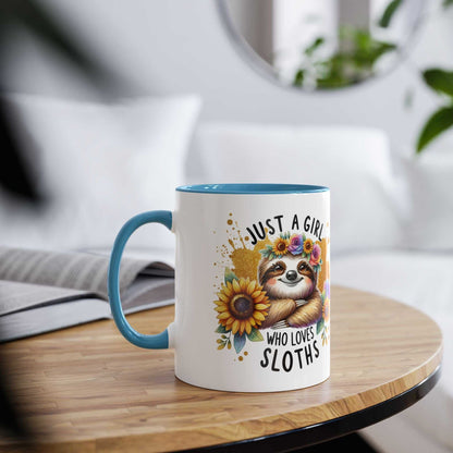 Cute sloth coffee mug with cheery design, ideal for sloth lovers.