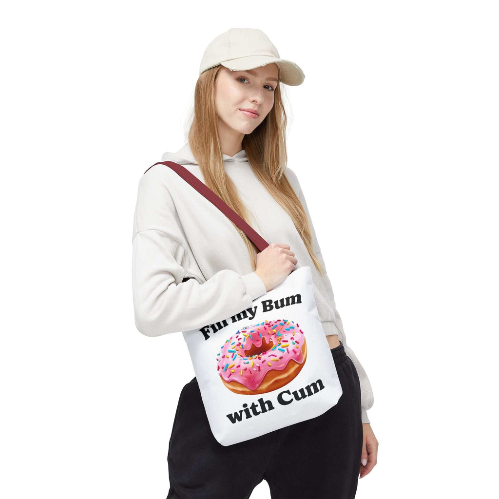 Provocative Donut Tote Bag with cheeky design and colorful handles, durable and reusable polyester tote for everyday use