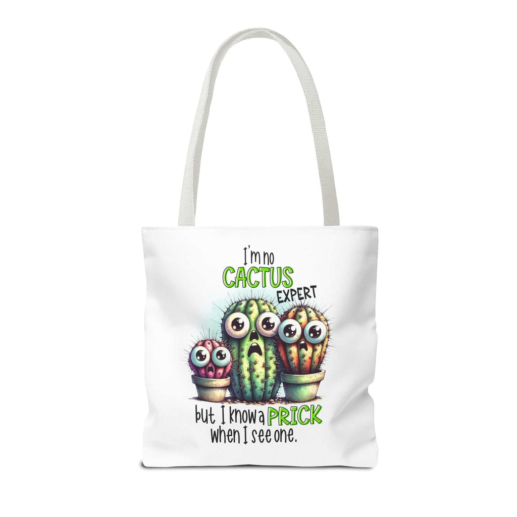 Fun cactus tote bag with cheeky design, multiple sizes, and colorful handles on durable spun polyester