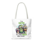 Fun cactus tote bag with cheeky design, multiple sizes, and colorful handles on durable spun polyester