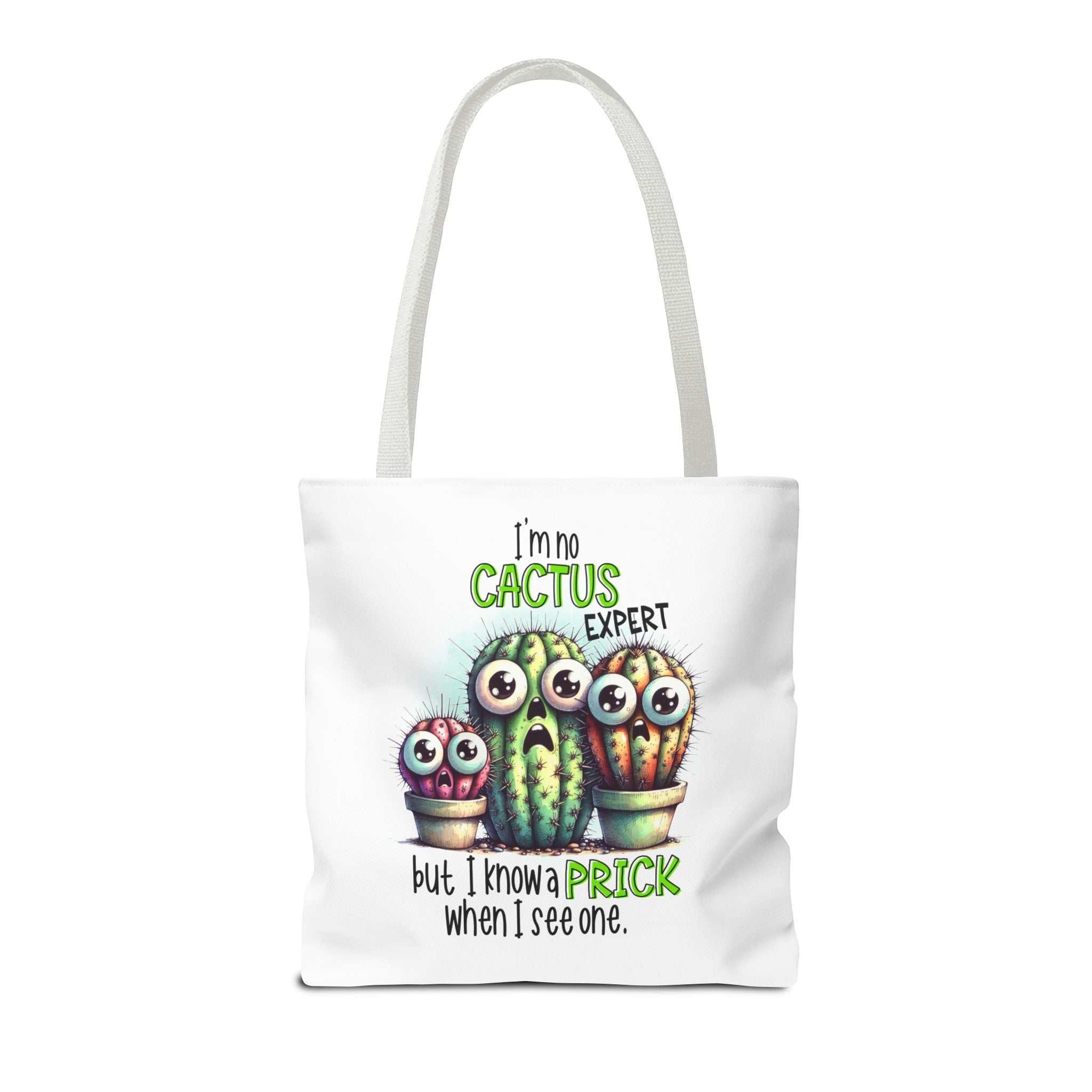 Fun cactus tote bag with cheeky design, multiple sizes, and colorful handles on durable spun polyester
