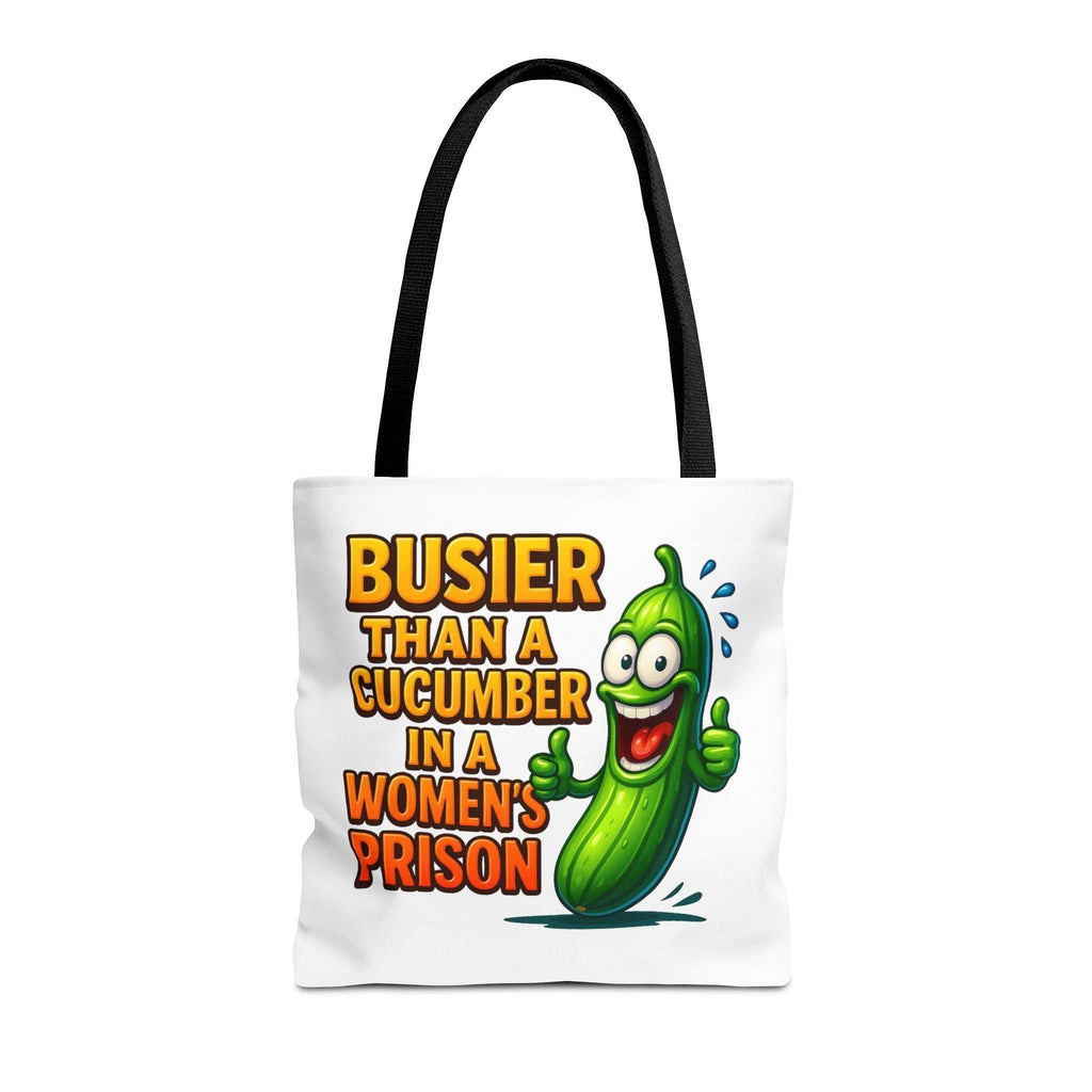 Busier Than a Cucumber tote bag with cheeky design, durable spun polyester, multiple sizes and handle colors