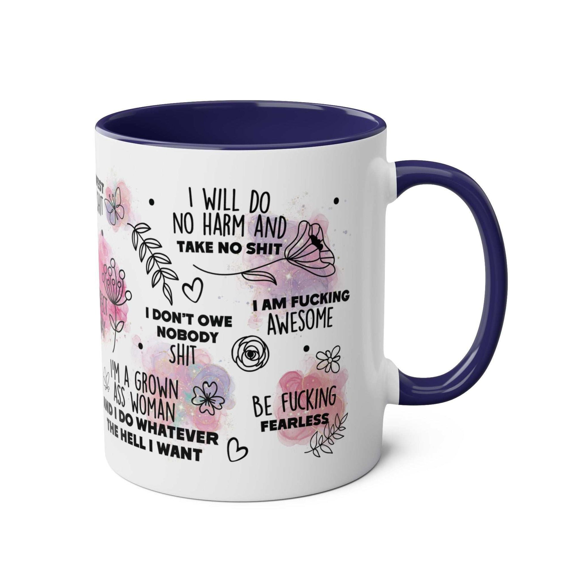 Sweary Quotes Coffee Mug with cheeky sayings, glossy finish, blue handle and rim.