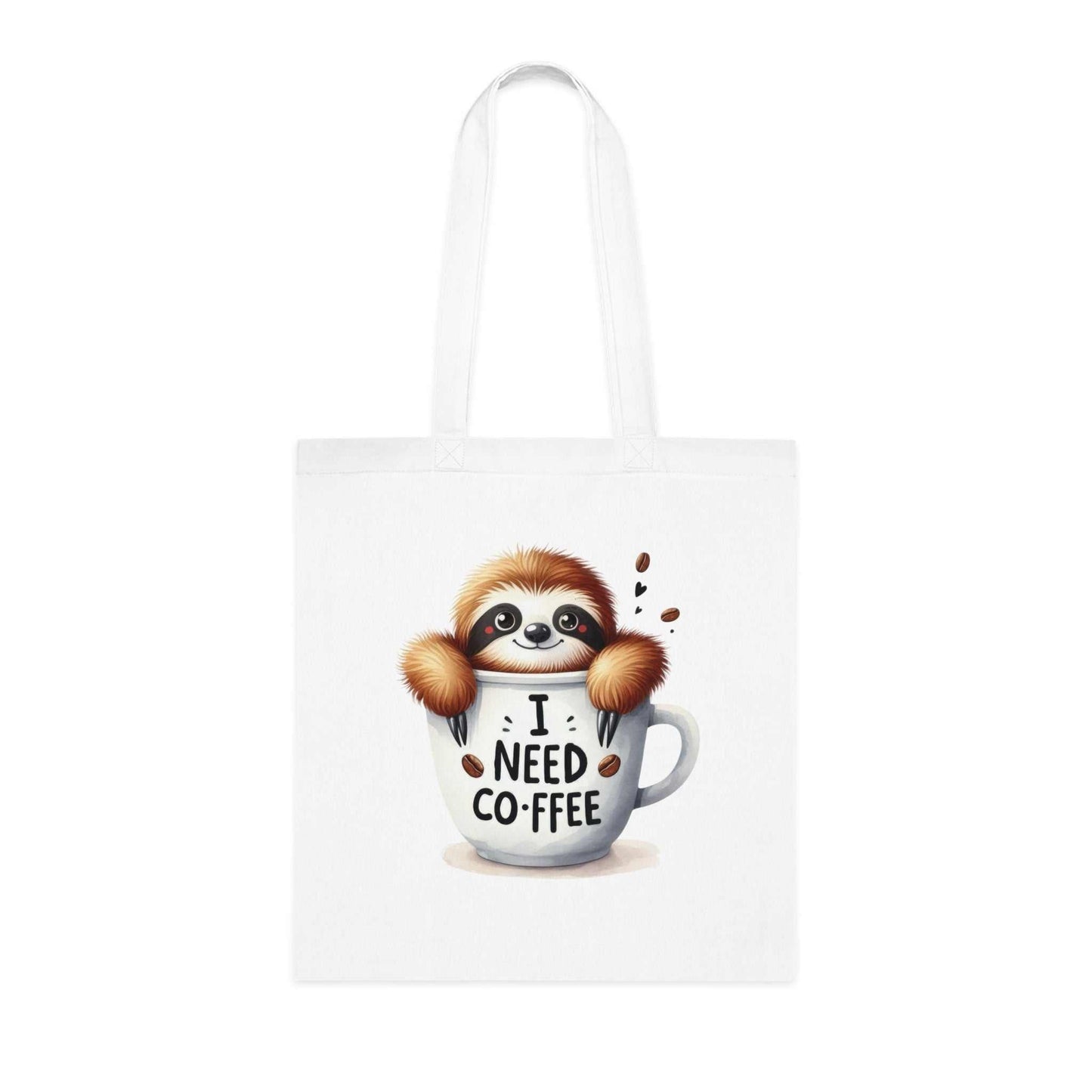 Cute sloth design cotton tote bag with "I Need Coffee" print, perfect for casual use.