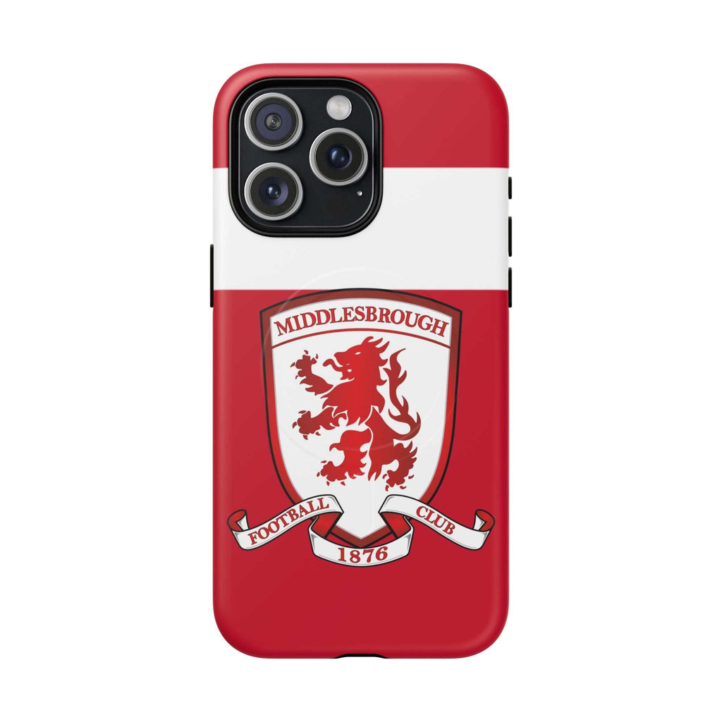 Middlesbrough MagSafe iPhone case in red with club crest, dual-layer protection, and wireless charging compatibility