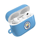 Manchester City FC AirPods protective hard case in sky blue with club crest, fits AirPods and AirPods Pro, shock-resistant and wireless charging compatible