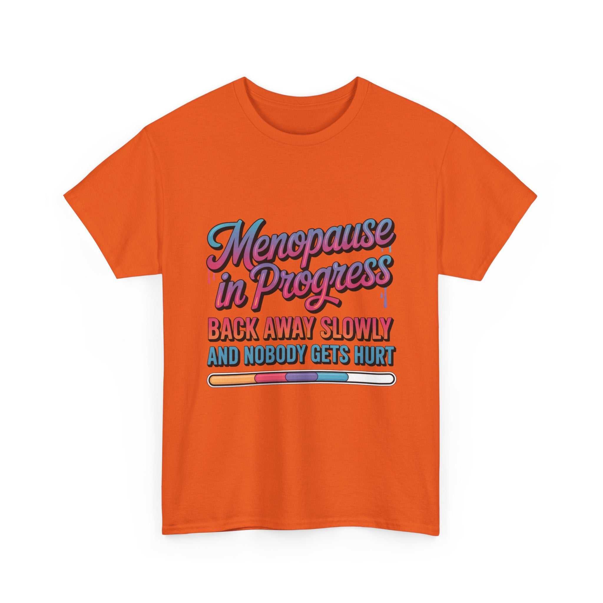 Women wearing Menopause In Progress T-Shirt with humorous hot flashes warning design