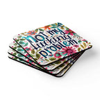 Colorful "Not My Fucking Problem" coaster set with floral design, high-gloss MDF top, cork backing, and rounded corners.