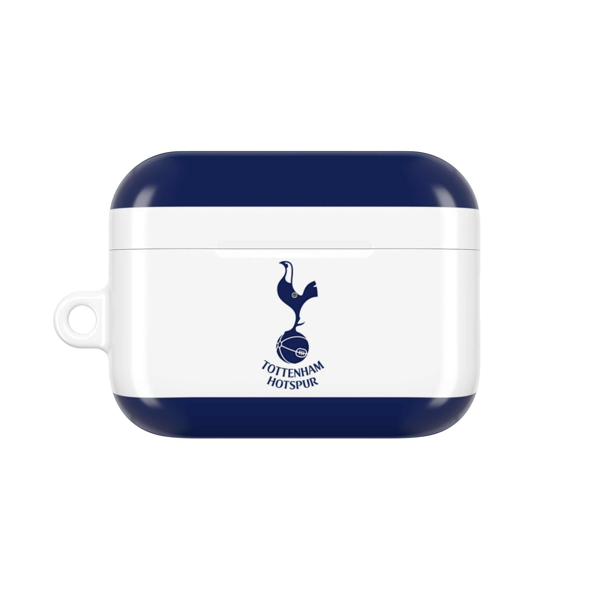 Tottenham FC AirPods case with navy and white colors and cockerel crest, durable protective shell fitting AirPods and AirPods Pro.