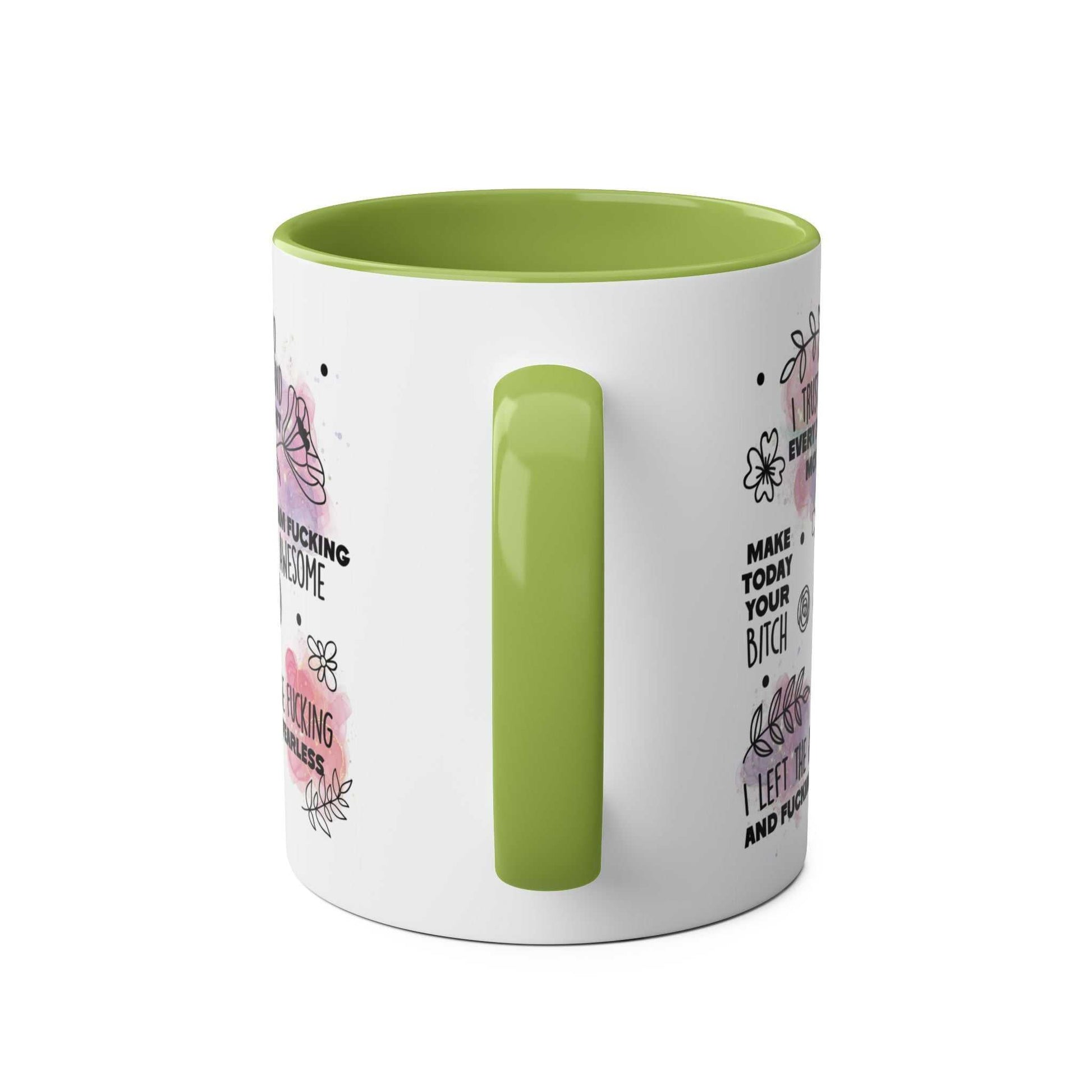 Sweary Quotes Coffee Mug with cheeky sayings, green handle, dishwasher safe.