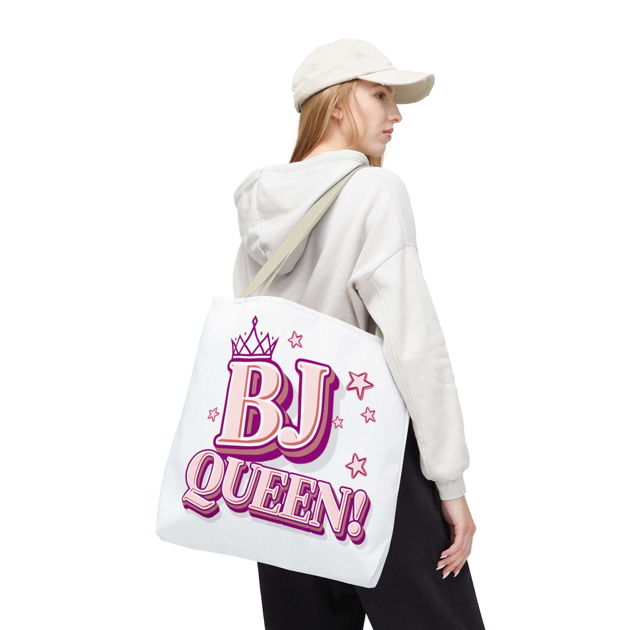 Cheeky BJ Queen Tote Bag in multiple sizes with durable spun polyester and colorful handles