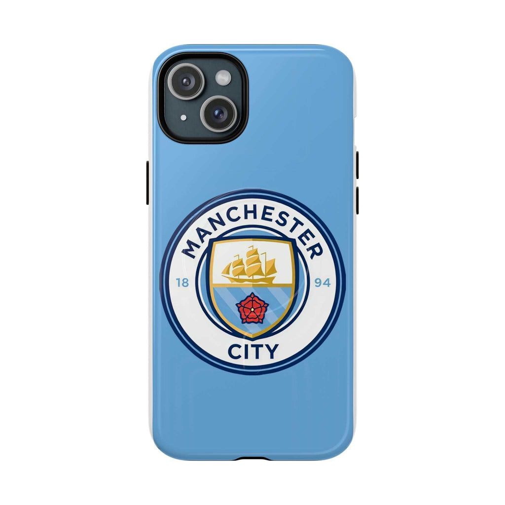 Manchester City MagSafe iPhone case with sky blue color and club logo, dual-layer protection, and MagSafe compatibility