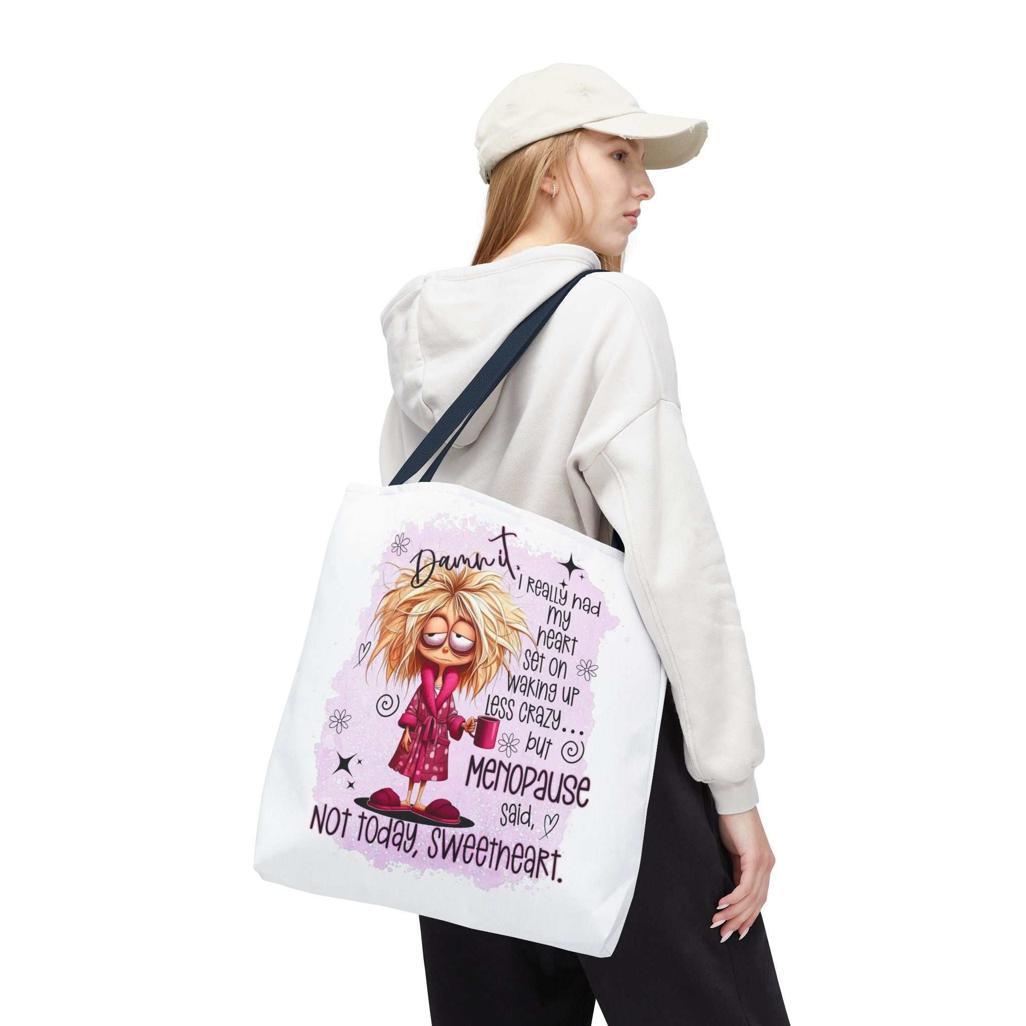 Cheeky menopause humour tote bag with durable spun polyester and colorful handles for daily use