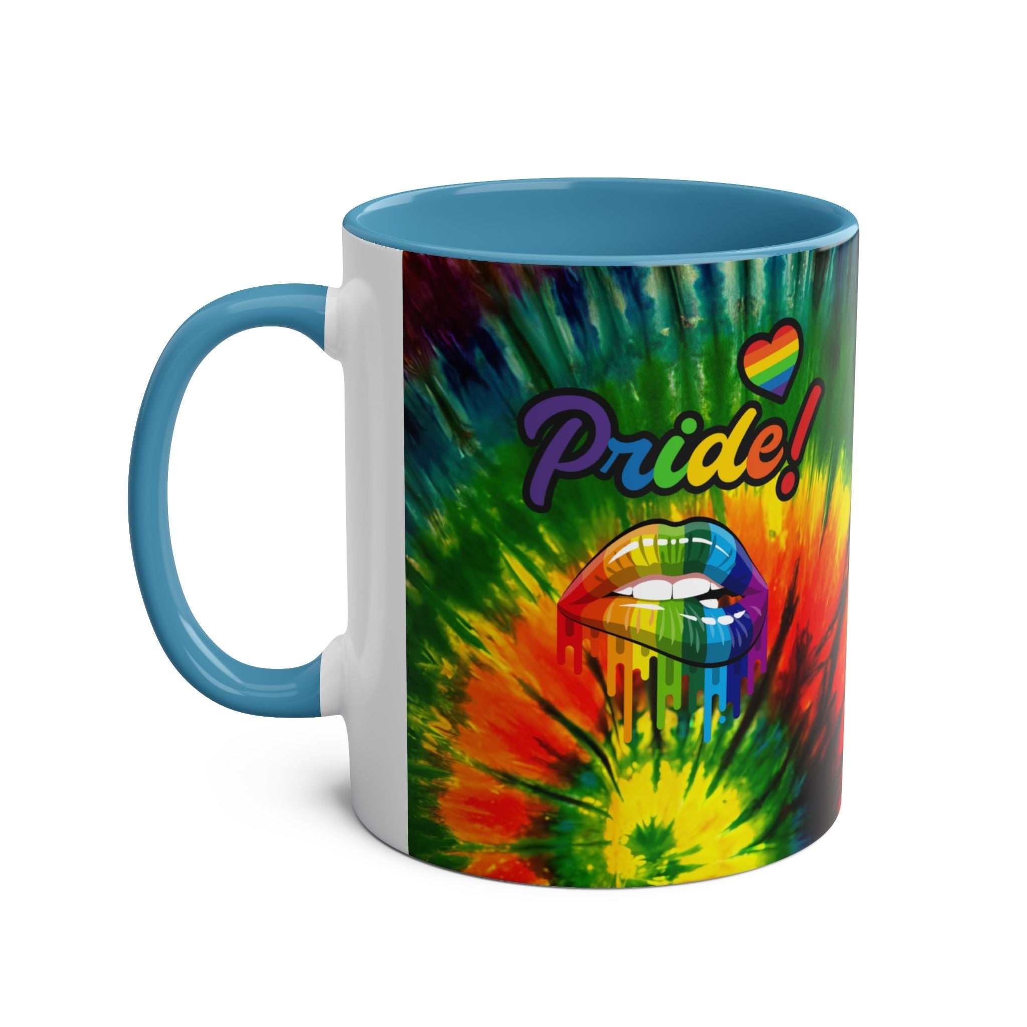 LGBTQ+ Pride mug with vibrant rainbow design and ceramic glossy finish.