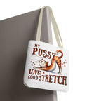 Cheeky fun stretching cat print tote bag with cotton straps and durable spun polyester fabric