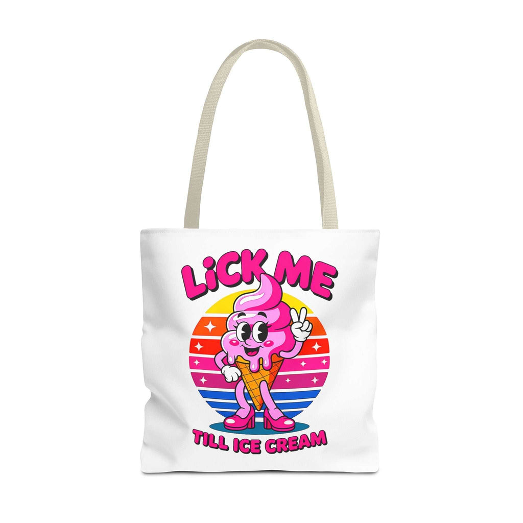 Lick Me Till Ice Cream Tote Bag with cheeky design, durable spun polyester, multiple sizes and handle colors for fun, practical use