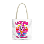 Lick Me Till Ice Cream Tote Bag with cheeky design, durable spun polyester, multiple sizes and handle colors for fun, practical use