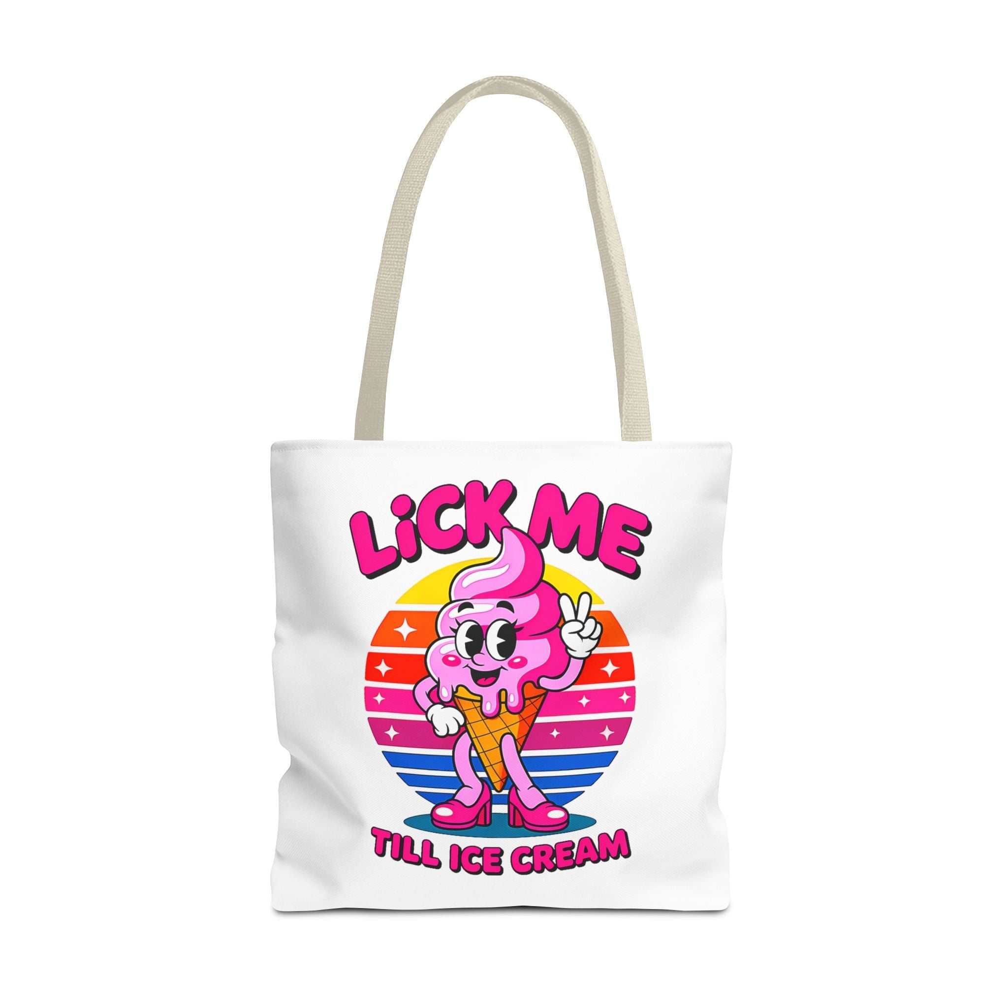 Lick Me Till Ice Cream Tote Bag with cheeky design, durable spun polyester, multiple sizes and handle colors for fun, practical use