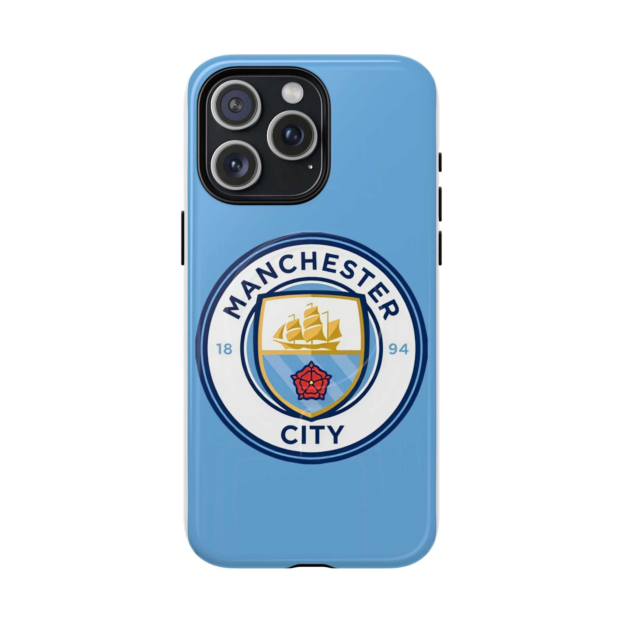 Manchester City MagSafe iPhone case with sky blue color and official-inspired logo, dual-layer protection, and MagSafe compatibility