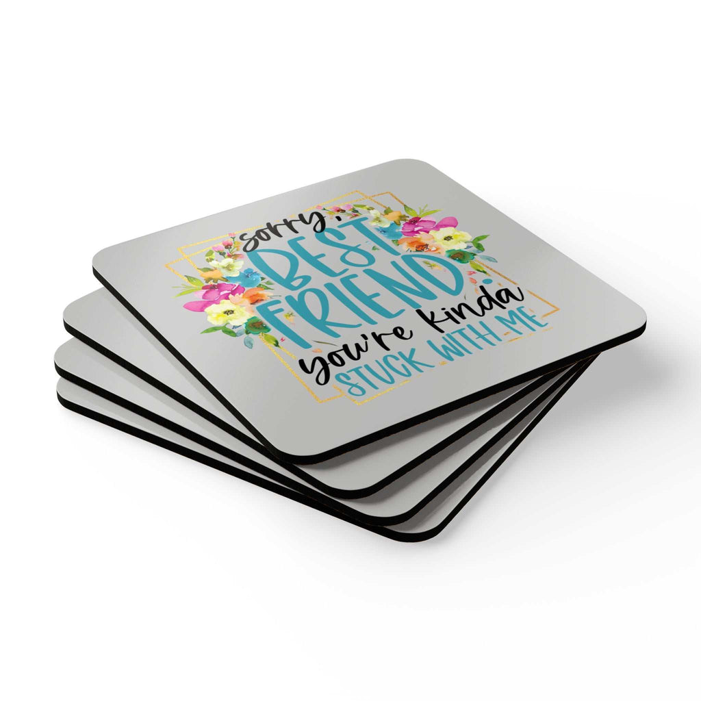 Friend coaster set with vibrant design and playful message on a high-gloss MDF top.