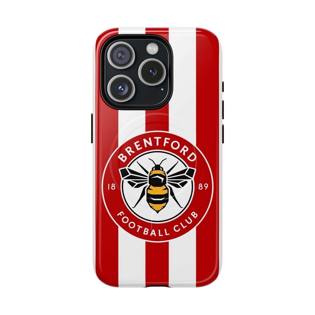 Brentford FC MagSafe iPhone case with red and white stripes and bees logo, dual-layer protective design