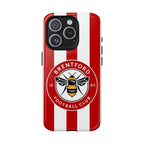 Brentford FC MagSafe iPhone case with red and white stripes and bees logo, dual-layer protective design
