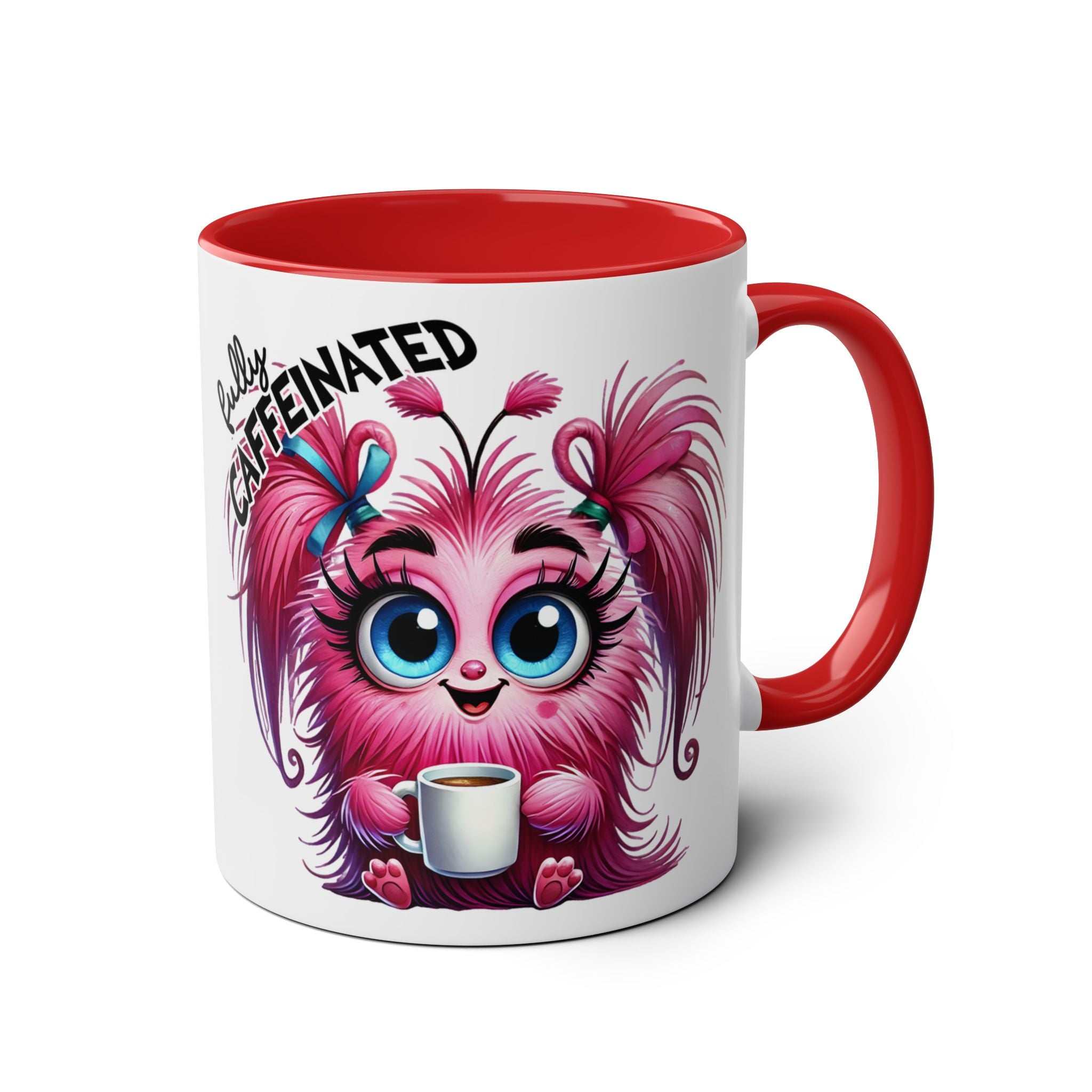 Fun Sarcastic Coffee Mug with cartoon character, red handle and interior, 11oz ceramic, microwave and dishwasher safe.