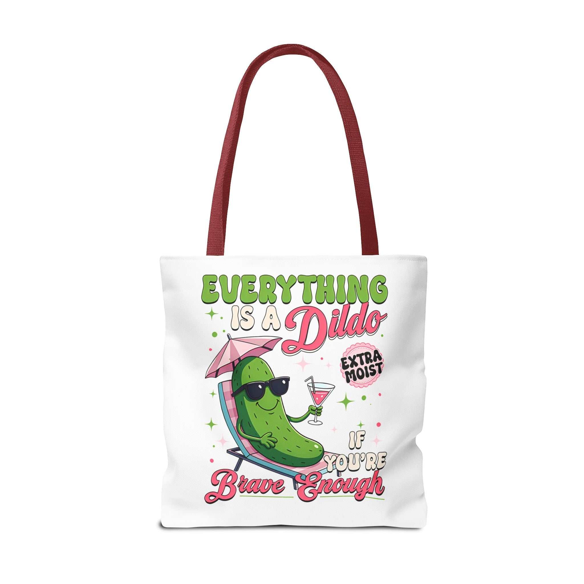 Cheeky Quote Pickle Tote Bag with playful design, durable spun polyester, multiple sizes, and colorful handles